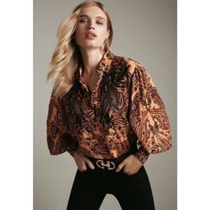 Karen Millen Womens 6 Brown Black Paisley Floral Embroidery Button Up Shirt